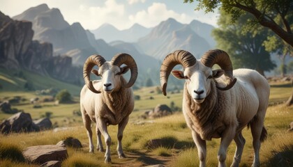 Naklejka premium Majestic ram with large twisted horns in a scenic countryside landscape, majestic, countryside, powerful, horns, horned