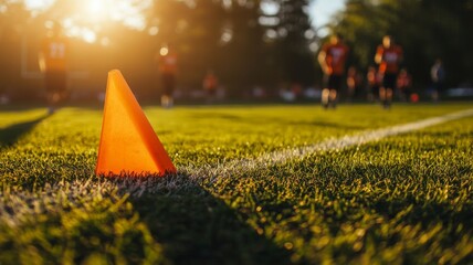Training cones on a lush green field during sunset.