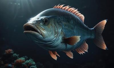 Fototapeta premium Massive fish with a flat head and large mouth submerged in the dark ocean depths, giant fish, ocean creature
