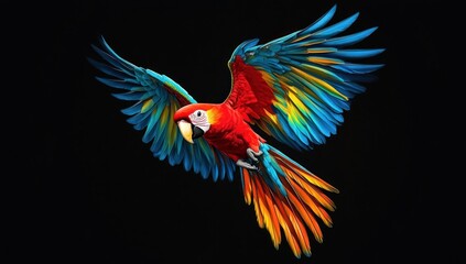 Fototapeta premium Scarlet Macaw in Flight: A Vibrant Burst of Color Against Black