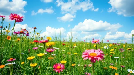 Obraz premium Meadow of colorful wildflowers with a clear blue sky and fluffy white clouds, stems, varied, lush