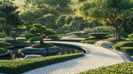 Fototapeta premium Serene Garden Pathway Surrounded by Lush Greenery and Water Features