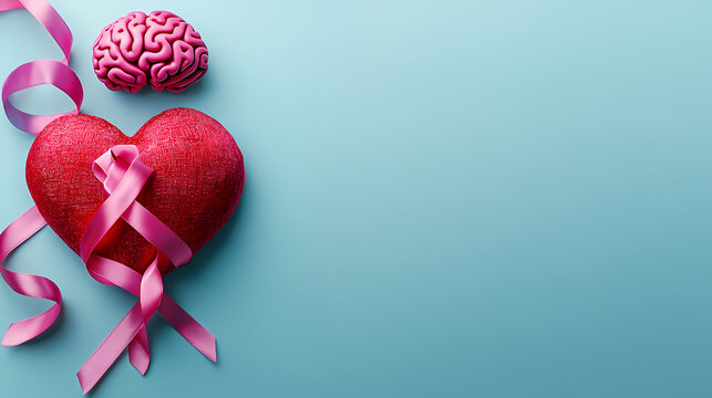 A Unified Symbol: Heart, Brain & Ribbon. An artistic composition that includes a heart, brain and a ribbon, placed on a vivid light blue background.