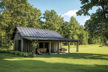 Modern cabin in the woods surrounded by greenery and sunlight, showcasing a relaxed outdoor setting perfect for leisure activities