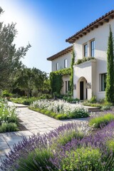 Beautiful garden landscape in front of a modern villa with blooming lavender and vibrant greenery under a clear blue sky in the afternoon