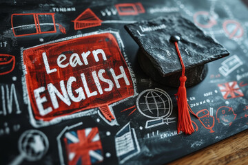 Board with the inscription "Learn English". Advertisement, poster for learning English.
