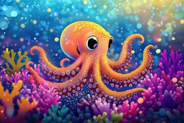 Adorable Orange Octopus Amidst Vibrant Coral Reef