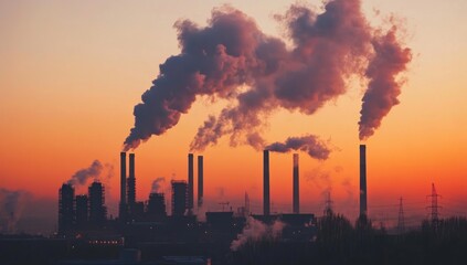 Industrial Pollution at Sunset: A Dark Silhouette Against an Orange Sky