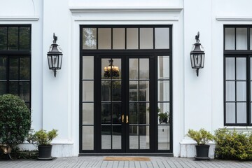 Elegant entrance of a modern building featuring large glass doors, decorative lanterns, and potted plants, creating an inviting atmosphere in the evening light