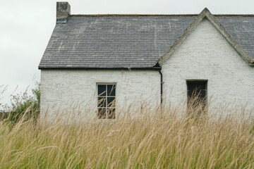 Fototapeta premium A secluded, abandoned white cottage is enveloped by tall, swaying grass in a peaceful rural landscape, all under a blanket of overcast skies