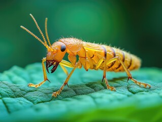 Detailed macro shot of an orange insect with dark stripes standing on a green leaf
