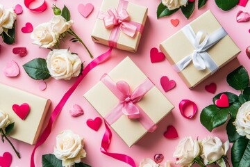 Heart-shaped ribbon with gift boxes and roses on a pink background. Appropriate for Valentine's Day, Mother's Day, and birthdays. Romantic flat lay composition