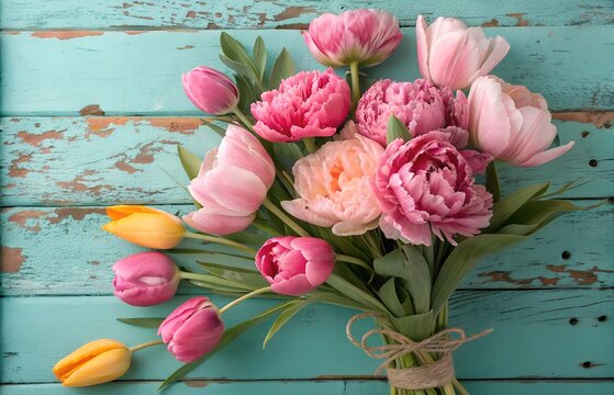 A beautiful bouquet of pink and yellow tulips with peonies tied with twine, placed on a rustic turquoise wooden background. A perfect floral arrangement for spring, wedding, Mother's Day, or romantic 