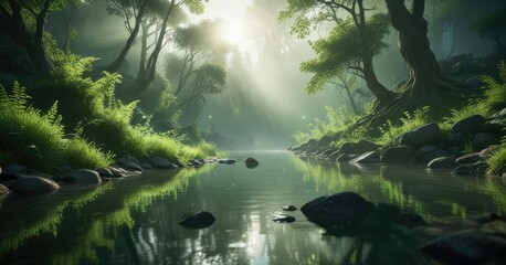 Naklejka premium Natural ambiance of a serene environment with an ethereal green glow, soft focus, peaceful atmosphere, green illumination