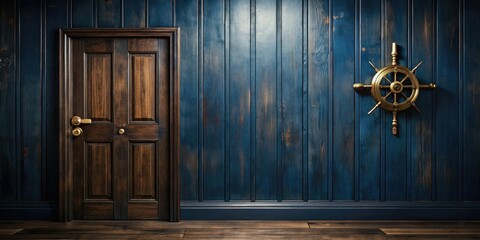 Navy blue wall with dark wood accents and brass hardware in an old nautical cabin, navy, hardware, brass