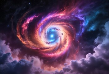 Neon-lit galaxy with swirling clouds of gas and dust, stellar nurseries, radiant nebulae, star-forming regions