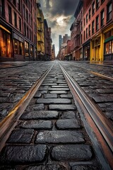 Fototapeta premium A serene cobblestone street weaves through an urban landscape, lined with buildings under a cloudy sky, capturing a peaceful moment in the city at dusk