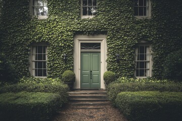 The lovely entrance of a house, adorned with vibrant green ivy and featuring a charming door, is complemented by a beautifully maintained garden on a serene afternoon