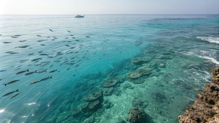 Obraz premium Ocean water with a school of fish swimming in the distance, ocean water, nature, swim