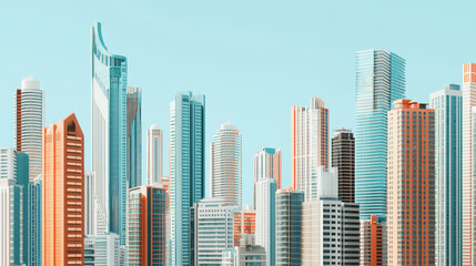 Obraz premium Bustling metropolitan skyline with modern architecture and diverse skyscrapers under clear blue sky. Concept of urban development, cityscape innovation, architectural progress, futuristic cities