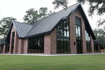 Modern architectural design featuring a striking brick exterior and expansive glass windows set against a lush green landscape in a serene environment