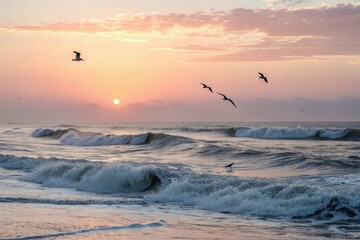Ocean waves crashing against the shore while the sun rises over the horizon with a few sea birds flying overhead, rock, water, birds, sunrise