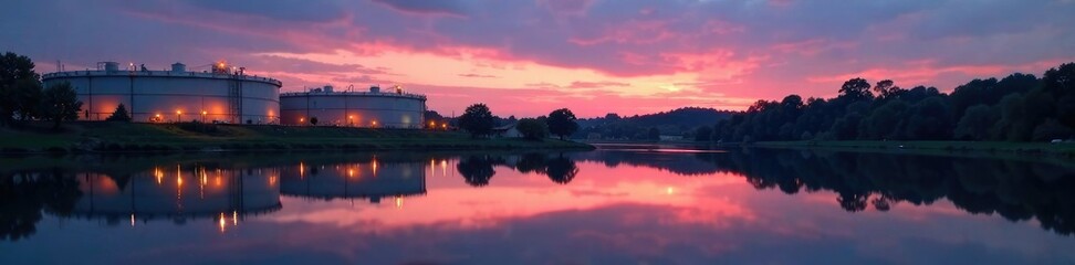 Obraz premium Oil tanks mirrored on the surface of a tranquil pond at twilight, calm, reflection