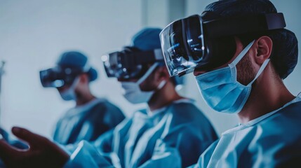 An immersive augmented reality surgical training simulation, clinical scene with AR headsets and surgical simulations, Healthcare style
