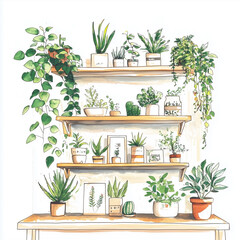 Decorative wooden shelves with a variety of indoor plants in pots