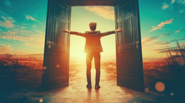 A new beginning man embracing the sunrise beyond open doors desert landscape inspirational photography