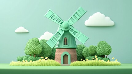 Eco-Friendly Green Windmill Energy Alternative Flat Vector Illustration