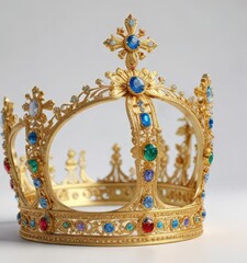 Fototapeta premium Ornate gold crown adorned with precious gems and flowers on a sleek white backdrop, high end, sophistication, premium