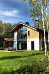 Obraz premium Modern house surrounded by lush greenery in a tranquil setting offers an inviting outdoor space for relaxation and leisure