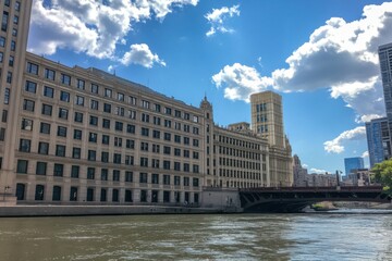 River view showcasing historical architecture and modern skyline along the waterfront on a sunny...