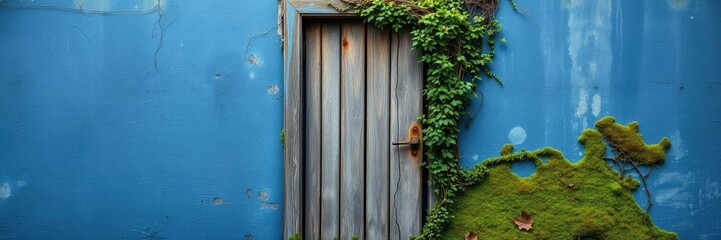 Overgrown and weathered wooden door with vines and moss on a blue grunge-inspired background, archway, weathered