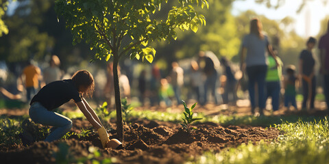 Tree Planting Event in Progress with Volunteers