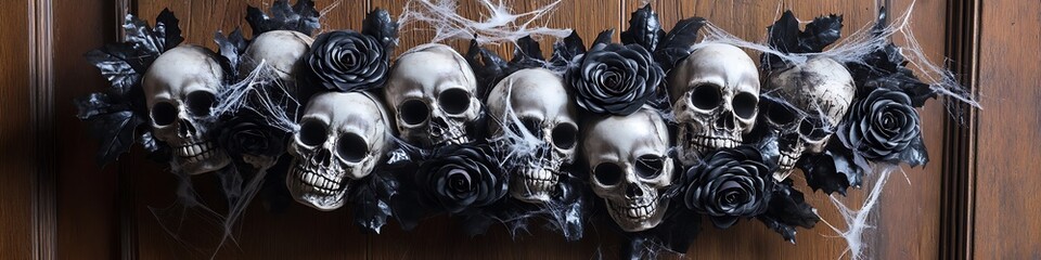 A spooky Halloween door wreath made of skulls black roses and cobwebs