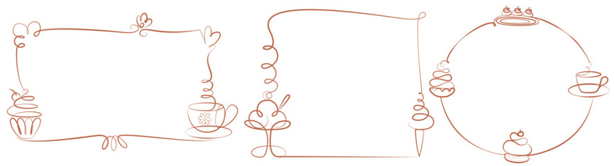 Vector set of sketchy outline linear frames in pencil line style on a confectionery theme with hand-drawn desserts, ice cream, cakes, eclairs, cups of tea, and coffee.