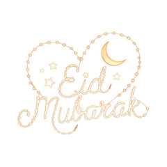 Celebratory Eid Mubarak greeting featuring a decorative crescent moon and stars in a heart shape