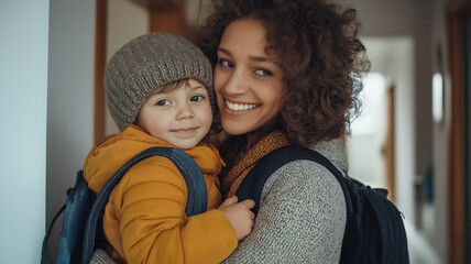 Mother bids farewell to her child before school, smiling warmly in a modern home hallway