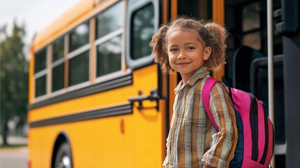 Diverse elementary school child getting off a bus in a sunny neighborhood after a day of learning and friendship