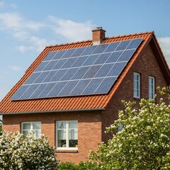 Fototapeta premium Solar panels on a residential red-roofed house, representing eco-friendly energy solutions, sustainable technology and environmental responsibility in a modern neighborhood