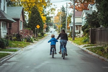Naklejka premium Mother helping her child ride a bicycle on a quiet suburban street.