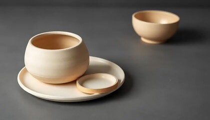 Obraz premium Elegant Cream Colored Pottery Set on Gray Surface