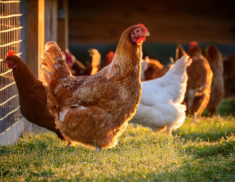 Free-range farm chickens in a natural environment at sunset, symbolizing organic poultry farming, sustainability, and rural life.