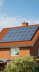 Rooftop solar panels on a suburban house, representing clean energy, sustainability and environmental awareness in a modern residential location