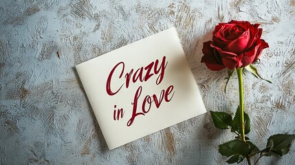 Handwritten Message Crazy in Love with Red Rose on Rustic Background. Concept of Romance, Love Letters, Passionate Expressions, Valentine's Day