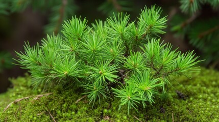 Close-Up View of Green Pine Needles on Mossy Ground in Nature
