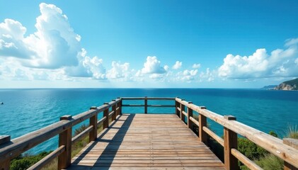 Obraz premium Elevated wooden walkway overlooking North Sea panorama, peaceful, idyllic