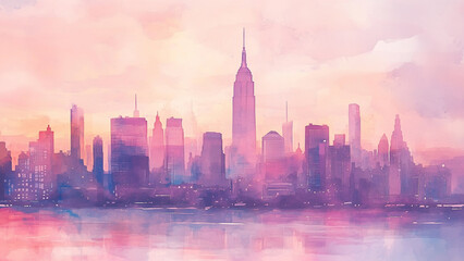 Fototapeta premium Transparent Watercolor Layers Over New York City Skyline